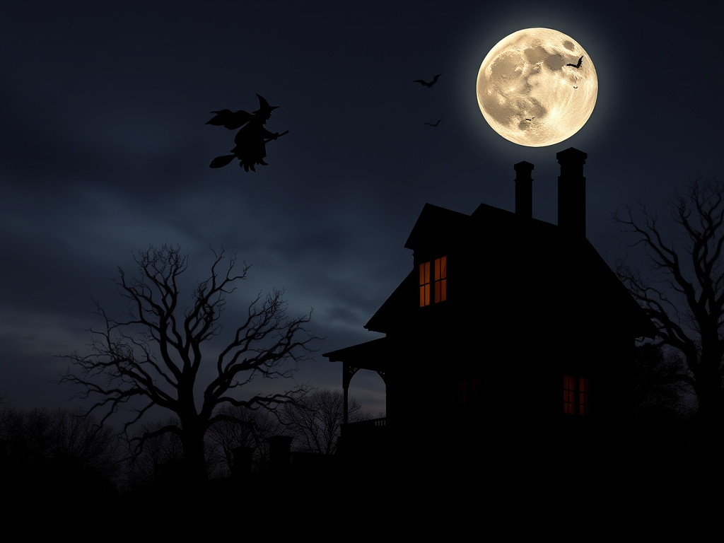 Create a spooky Halloween scene featuring a haunted house silhouetted against a full moon with a witch flying on a broomstick, include a dark tree and bats in the background, use a DSLR camera with a 24mm lens, aperture f/8, ISO 100, and a long exposure of 15 seconds for enhanced detail and depth.