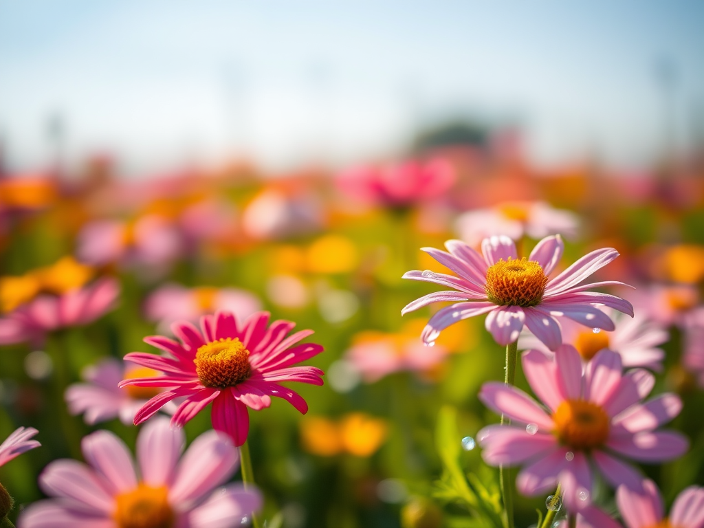 Create a vibrant close-up of a flower field in soft focus with bokeh effect, using a DSLR camera, aperture f/2.8, shutter speed 1/250s, ISO 200, with natural morning light to capture dew drops sparkling on petals.