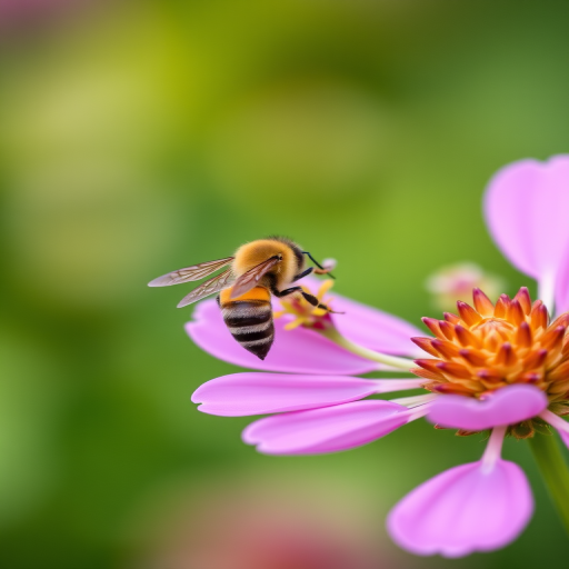 macro shot of a bee on a pink flower with a blurred green background, aperture f/2.8, shutter speed 1/200s, ISO 100, 50mm lens, natural lighting, DSLR camera