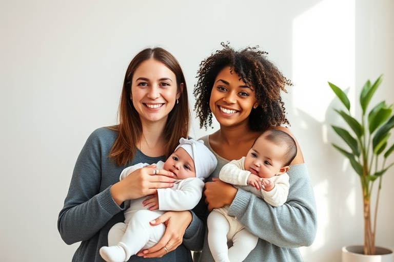 Capture a portrait of two smiling women holding babies in a minimalistic setting, using a 50mm lens, aperture f/2.8, ISO 200, soft natural lighting, shallow depth of field, and shot from eye level with a DSLR camera.