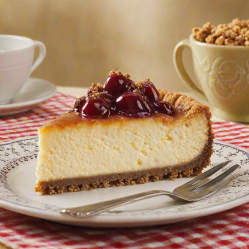 Create an image of a cheesecake with a crumbly topping. The cheesecake should have layers and a golden crust, placed on a checkered tablecloth. The setting should be warm and inviting, emphasizing the dessert's textures and colors.