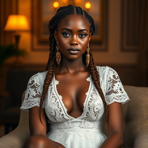 Create a portrait of a refined and elegant Kikuyu woman seated in a sophisticated setting. She has long, wavy hair styled in two thick braids that are pulled over her shoulders. She wears a white, lace gown with intricate patterns, featuring a deep V-neckline and short sleeves. The dress exudes a vintage charm with its delicate lacework. She is adorned with ornate, dangling earrings that add a touch of glamour to her appearance. The background is softly lit, with warm, ambient lighting that creates a cozy and inviting atmosphere. Her expression is poised and serene, capturing a sense of grace and elegance.