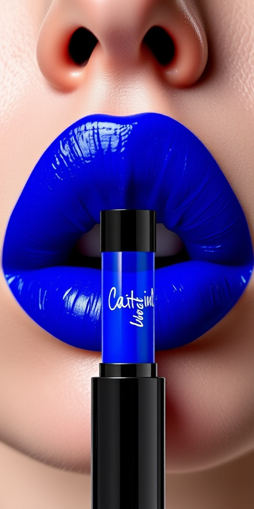 Bold "Electric Blue" liquid lipstick makes a statement with its intense, long-lasting color and precise application, perfect for avant-garde fashion and artistic expression