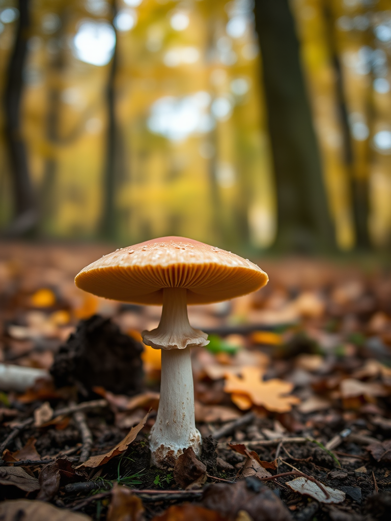 Mushroom in a forest setting with a blurred background, capturing autumn leaves, taken with a Canon EOS R5, 50mm lens, f/2.8, ISO 200, 1/200 sec, shallow depth of field.