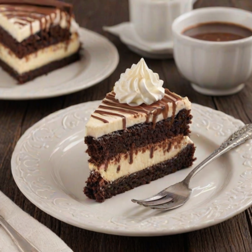 Create an image of a slice of layered dessert featuring a rich chocolate brownie base topped with a creamy vanilla mousse. The dessert should be garnished with a swirl of whipped cream and drizzled with chocolate sauce, with a light dusting of cocoa powder on the plate.