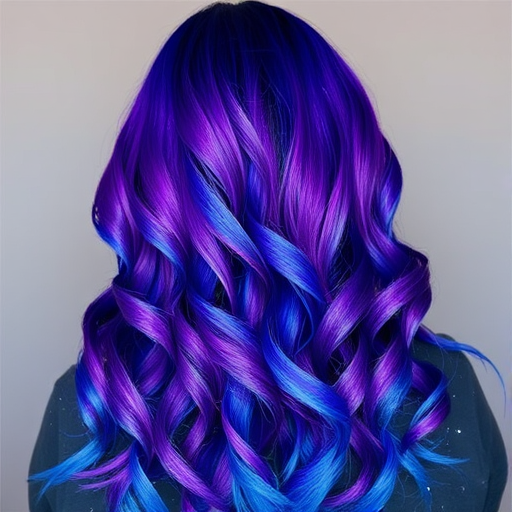 Intense purple to blue ombre style called "Twilight Galaxy" with long layers, vibrant color transition from deep violet roots to electric blue ends, soft spiral curls cascading down back, starry glitter accents scattered throughout