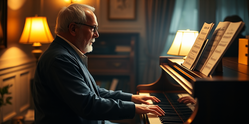 Warmly lit photo of an elderly man playing a piano in a dimly lit room, soft glow from a nearby lamp casting warm shadows on the walls, sheet music resting on the stand, the smell of polished wood and the soft sound of piano keys filling the air.