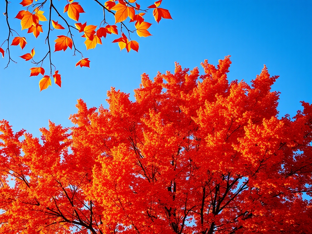 a vibrant autumn tree with bright orange leaves set against a clear blue sky, captured with a DSLR camera, 50mm lens, f/1.8 aperture, ISO 100, at golden hour for enhanced lighting and color saturation