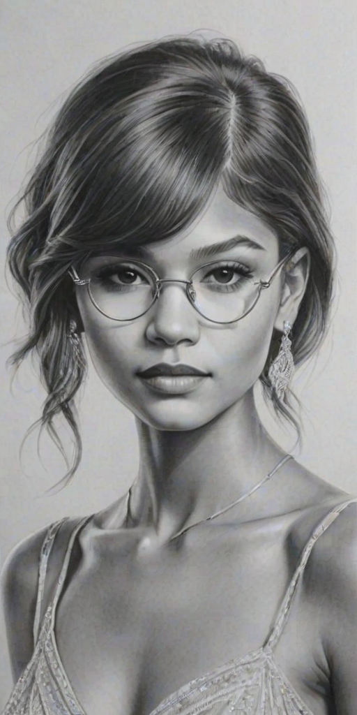 Superb Zendaya, pencil sketch, portrait of Dazzling woman 1928s in glasses, hair style beatnik, outline, clear lines, fine lines, 8k