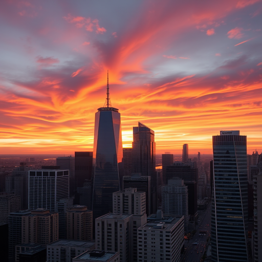 A vibrant cityscape at sunset with skyscrapers reflecting the orange and pink hues of the sky, taken with a Canon EOS R5, 35mm lens, aperture f/8, ISO 100, shutter speed 1/125 sec, shot from a high vantage point for a dynamic perspective.