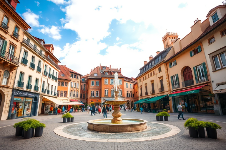 Generate a high-resolution image of a lively town square with a fountain, surrounded by historic buildings and shops, under a partly cloudy sky, using a DSLR camera with a 24mm lens, aperture f/8, ISO 100, and a slight tilt-shift effect for enhanced depth.