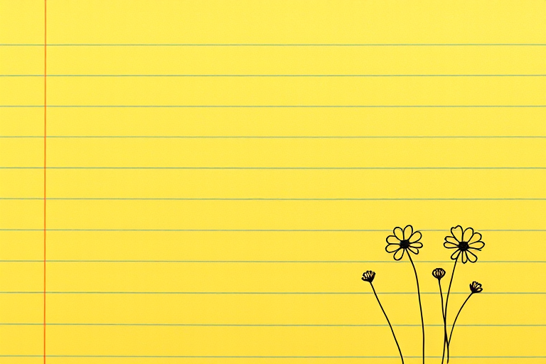 Create an image of a sheet of yellow lined paper with a simple black line drawing of three flowers in the lower right corner, shot with a 50mm lens at f/2.8, ISO 100, in natural light, using a DSLR camera from a top-down view.