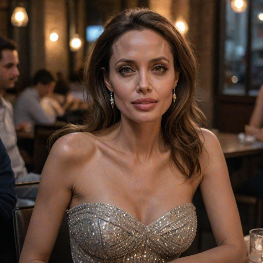 photo of young [woman:angelina jolie:0.4], highlight hair, sitting outside restaurant, wearing dress, rim lighting, studio lighting, looking at the camera, dslr, ultra quality, sharp focus, tack sharp, dof, film grain, Fujifilm XT3, crystal clear, 8K UHD, highly detailed glossy eyes, high detailed skin, skin pores