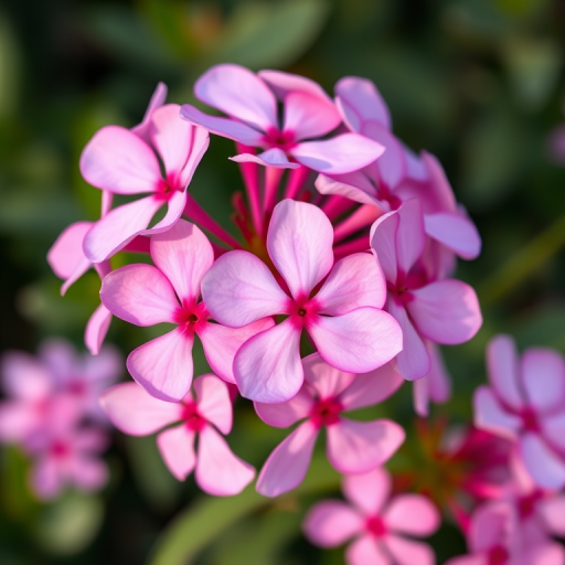 Create a high-resolution image of a vibrant cluster of pink flowers with detailed petals, using a DSLR camera, 50mm lens, f/2.8 aperture, 1/125 shutter speed, and natural lighting to enhance color saturation and depth.