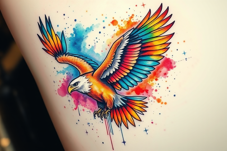 Vibrant watercolor splash tattoo featuring a soaring eagle with rainbow feathers, blending seamlessly into a cosmic nebula backdrop, incorporating intricate geometric patterns and delicate line work for a stunning fusion of realism and abstraction
