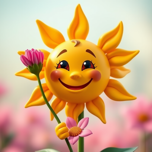 Create a vibrant cartoon sun character smiling while holding a pink flower, captured with a Canon EOS R5 at f/2.8, ISO 100, 50mm lens, and with a shallow depth of field for a soft background effect.