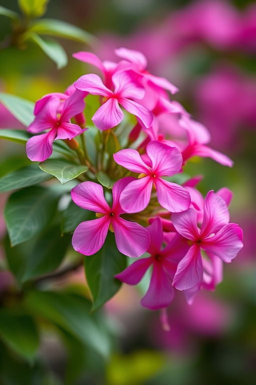 Generate an image of vibrant pink flowers with leaves, using a Canon EOS 5D Mark IV, 50mm lens, aperture f/1.8, shutter speed 1/200s, ISO 100, with a shallow depth of field and soft bokeh background.