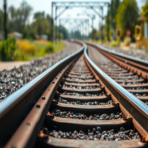 A close-up shot of railway tracks curving into the distance, with sharp focus on the gravel and metal ties, taken with a DSLR camera at f/2.8 aperture, ISO 100, 1/500 sec shutter speed, in bright sunlight, using a wide-angle lens for an expansive view.