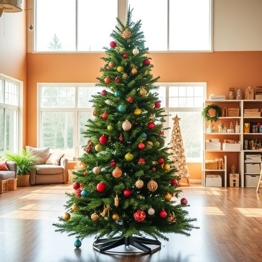 Create an image of a beautifully decorated Christmas tree with colorful ornaments, set in a spacious room with large windows that allow natural light to flood in. The walls should be painted in a warm color, and in the background, there should be shelves stacked with festive decorations and supplies. The floor should be a polished wood, enhancing the cozy holiday atmosphere.