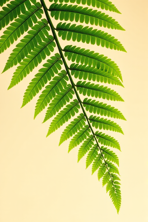 high-quality image of a green fern leaf against a plain background, macro lens, aperture f/2.8, ISO 100, shutter speed 1/200 sec, natural light, DSLR camera, slight overhead angle