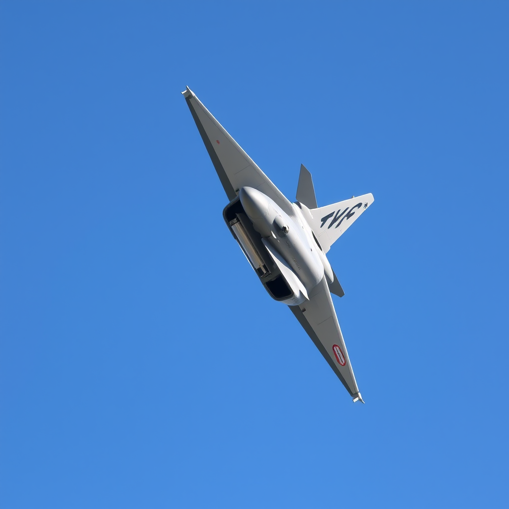 high-resolution image of a fighter jet in flight, using a DSLR camera with a 50mm lens, aperture f/2.8, shutter speed 1/1000s, ISO 100, shot from a low angle against a clear blue sky to enhance detail and clarity