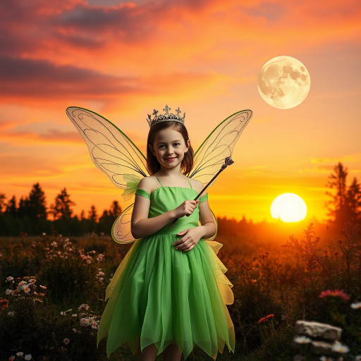 A vivid photo  taken under a bright camera flash of a fantastical scene set against a backdrop of a forest during sunset. The main subject is a girl dressed as a fairy, adorned with translucent wings and a green dress, holding a wand, her face is happy, and she wears a crown on her head. The forest behind her is a blend of flowers, shrubs and trees. The sky is painted in hues of orange and pink, with a large, glowing moon casting a warm glow over the scene. The overall color palette is dominated by earthy tones.