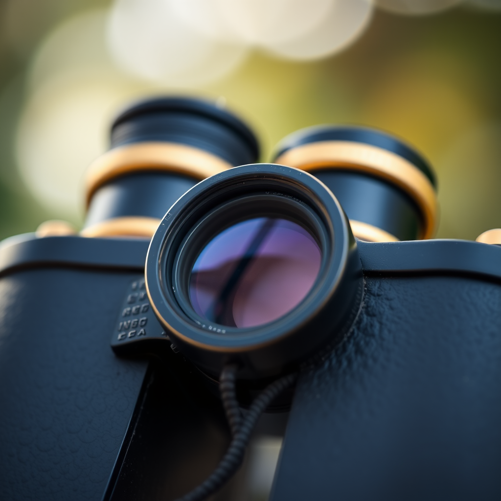 High-resolution close-up of a vintage black and gold binoculars, f/2.8 aperture, 85mm lens, ISO 100, natural light, shallow depth of field, soft focus background, captured with a full-frame DSLR.