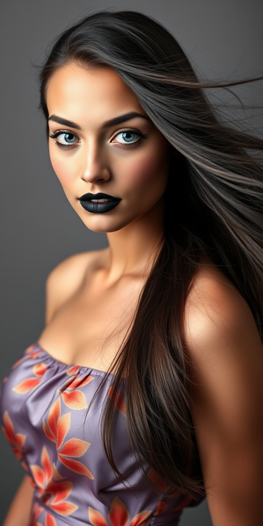 Photographic image of a beautiful young Native American woman, blue eyes, lips with black lipstick, long hair fluttering in the wind and wearing a silk strapless dress with a soft purple and orange print. monochrome image with only color highlights in the iris of the eyes, lipstick and dress. Gray background.