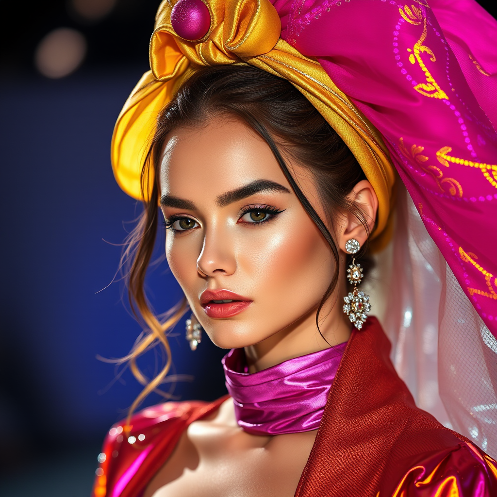 Runway capture, a beautiful model, vibrant colors, metallic textures, high fashion editorial , a 100mm macro lens to get extreme close-ups of intricate details like fabric stitching, accessories, or makeup artistry