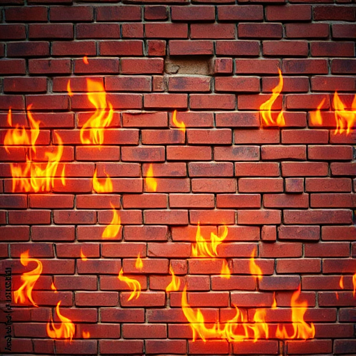 Create a vibrant digital illustration of a brick wall with flames in shades of orange and yellow, using a DSLR camera with a 50mm lens, aperture f/1.8, ISO 100, and a soft focus effect to enhance depth.