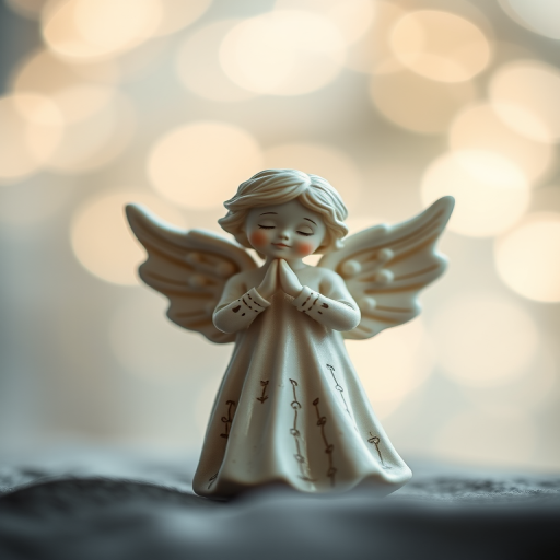 Capture a serene angel figurine with a soft focus on the background, bokeh lights creating a dreamy effect; use a DSLR camera, aperture f/2.8, ISO 200, shutter speed 1/60 sec, focal length 50mm, with natural lighting to enhance details.