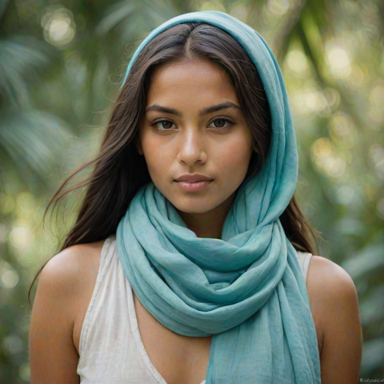 Create a portrait of a young Tahitian woman with long, dark hair and captivating hazel eyes. She is wearing a cyan headscarf and a matching scarf draped gracefully around her neck. The background is softly blurred, focusing attention on her serene and natural expression. The overall color palette is muted and warm, enhancing the intimate and authentic feel of the portrait.