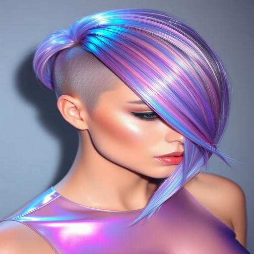 Shimmering holographic hair styled in a futuristic asymmetrical cut with sharp angles and smooth curves, radiating otherworldly beauty called Iridescent Nebula