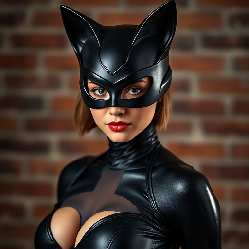 Capture a high-resolution portrait of a female character in a sleek black cat costume with a mask, using a DSLR camera at f/1.8 aperture, ISO 100, and a shutter speed of 1/200s, in a dramatic, low-key lighting setup with a shallow depth of field, shot from a slightly low angle to enhance the character's presence and confidence against a vintage brick background.