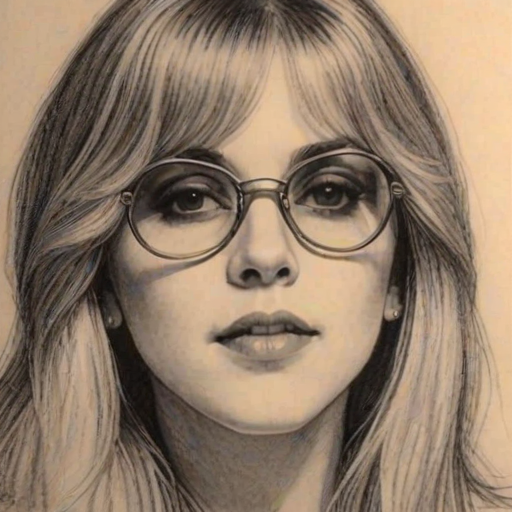 Enchanting Stevie Nicks, pencil sketch, portrait of Ravishing woman 1938s in glasses, hair style beatnik, outline, clear lines, fine lines, 8k