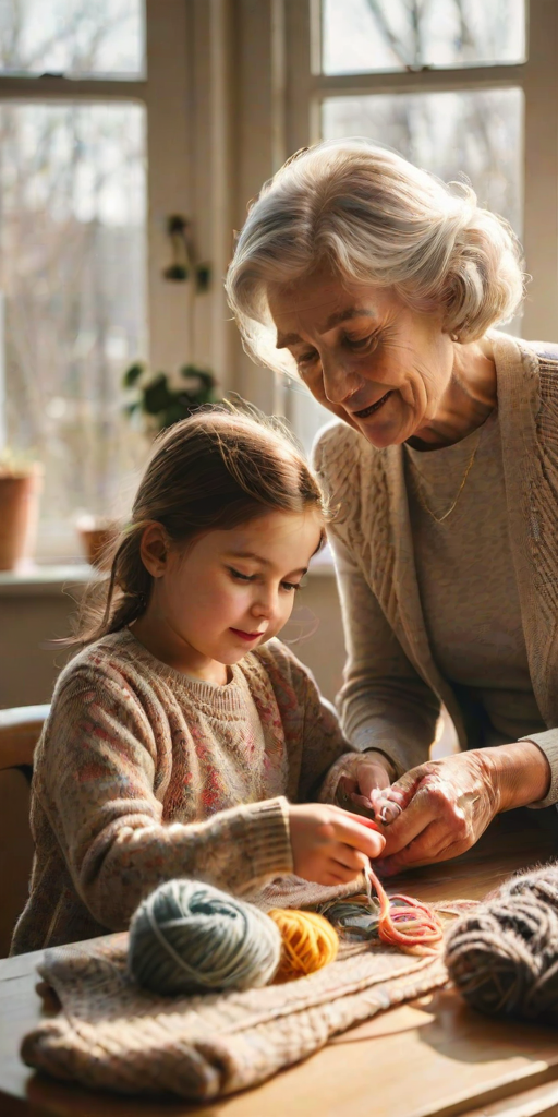 Warm, intimate photo of a grandmother teaching her granddaughter how to knit by a sunny window, soft golden light illuminating their hands, with colorful yarn scattered on the table and a cozy atmosphere.