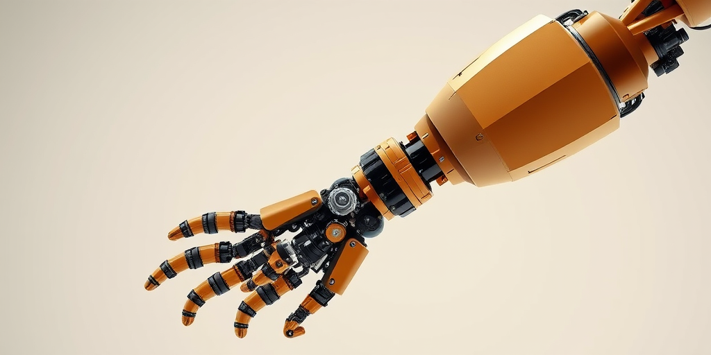 Create a highly detailed 3D render of an industrial robotic arm, focusing on its intricate components and joints, shot with a Canon EOS R5, 50mm lens, aperture f/1.8, ISO 100, at a low angle for a dramatic effect, using soft lighting to enhance textures, with a plain background for contrast.