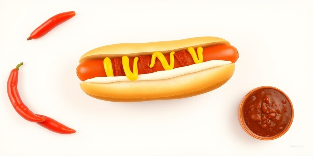 create a realistic illustration of a hot dog with chili and mustard on a plain background, camera settings: f/2.8 aperture, ISO 100, shutter speed 1/250s, camera view: top-down perspective, camera style: vibrant colors with soft focus, camera type: DSLR