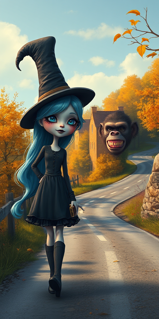 digital art fantasy depicting a strange girl with blue hair, long eyelashes, black lipstick and a tall hat walking along a winding road on an autumn afternoon, an Ape smiles as she passes