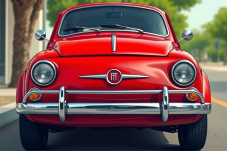 Create a detailed illustration of a red vintage car resembling a Fiat 500, captured from a slightly angled front view with a shallow depth of field, using a DSLR camera at f/2.8 aperture, ISO 100, and a 50mm lens for sharp detail and vibrant color contrast.