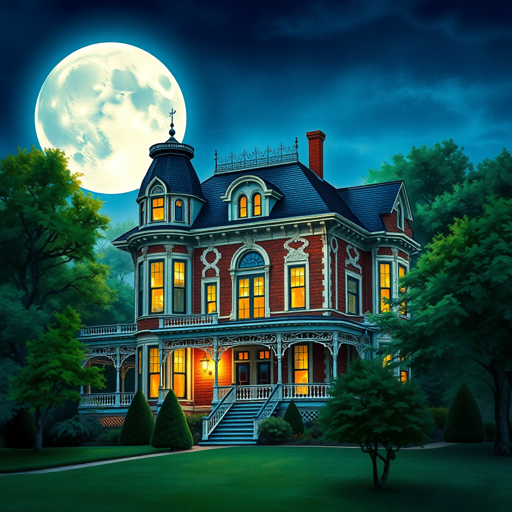 Regenerate a detailed watercolor illustration of a grand Victorian house at night under a large full moon with surrounded trees, using a DSLR camera with a 24mm lens, aperture f/8, ISO 100, and a long exposure to capture beautiful lighting effects and enhance image quality.
