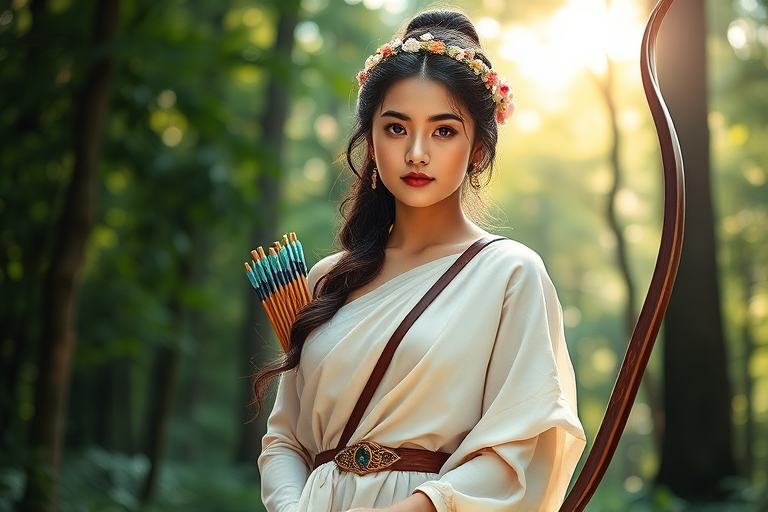 Create a portrait of a goddess-like Singaporean girl figure in a tranquil, forested environment. She has an elegant appearance with long, wavy hair styled in an updo and adorned with a delicate, floral headband. She wears a flowing, ancient Greek-inspired gown in a soft, pale color, featuring a one-shoulder design and draped fabric that accentuates her graceful form. The outfit includes a decorative belt with ornate gold detailing, and she holds a bow in her hand, with a quiver of arrows slung over her shoulder. The background depicts lush greenery, with sunlight filtering through the trees, casting a gentle, ethereal light on the scene. Her expression is calm and contemplative, embodying a sense of wisdom and serenity.