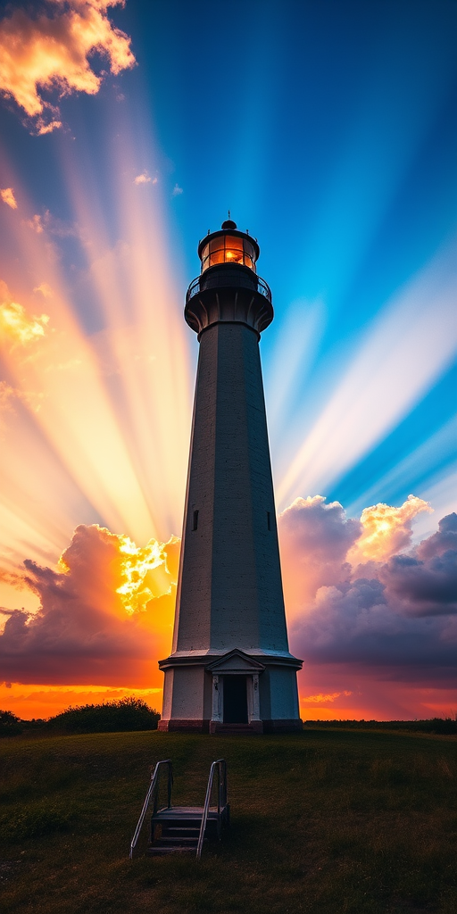 A stunning lighthouse standing tall against a dramatic sunset sky with rays of light breaking through the clouds, captured with a DSLR camera at f/8, ISO 100, 1/200 sec, wide-angle view, and high dynamic range to enhance image quality.