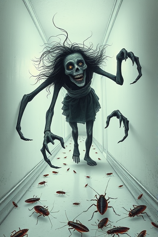a crooked woman with long arms and a creepy smile is crawling along a long white corridor and you can also see cockroaches in it there is a creepy atmosphere creepy art style