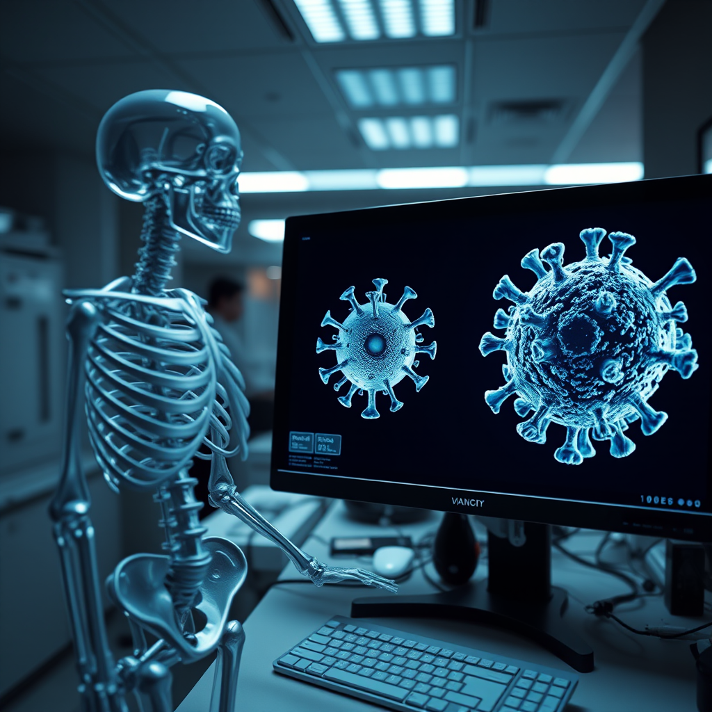Create a futuristic scene featuring a transparent human skeleton next to a high-resolution computer monitor displaying a detailed 3D model of a virus, using a wide-angle lens, f/2.8 aperture, ISO 100, 1/60 sec shutter speed, and set in a dimly lit laboratory environment for enhanced depth and contrast.
