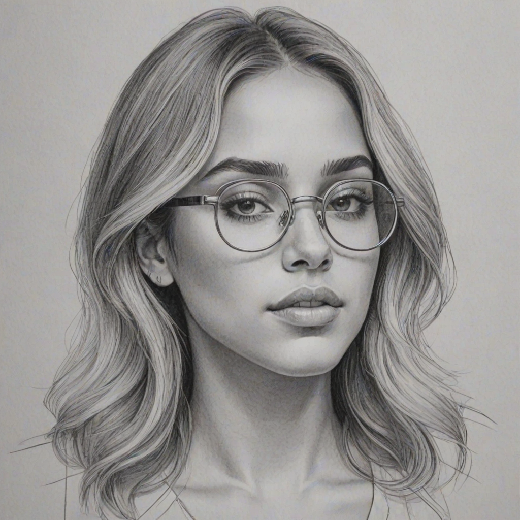 Sublime Alina Baraz, pencil sketch, portrait of Superb woman 1969s in glasses, hair style beatnik, outline, clear lines, fine lines, 8k