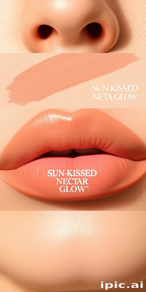 Peach-toned nude lips with a creamy satin finish and warm golden undertones, called "Sun-Kissed Nectar Glow"