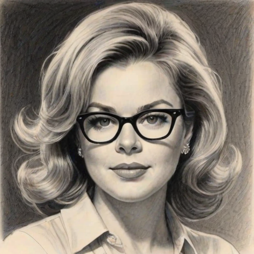Enchanting Catherine Hicks, pencil sketch, portrait of Pleasing woman 1962s in glasses, hair style beatnik, outline, clear lines, fine lines, 8k