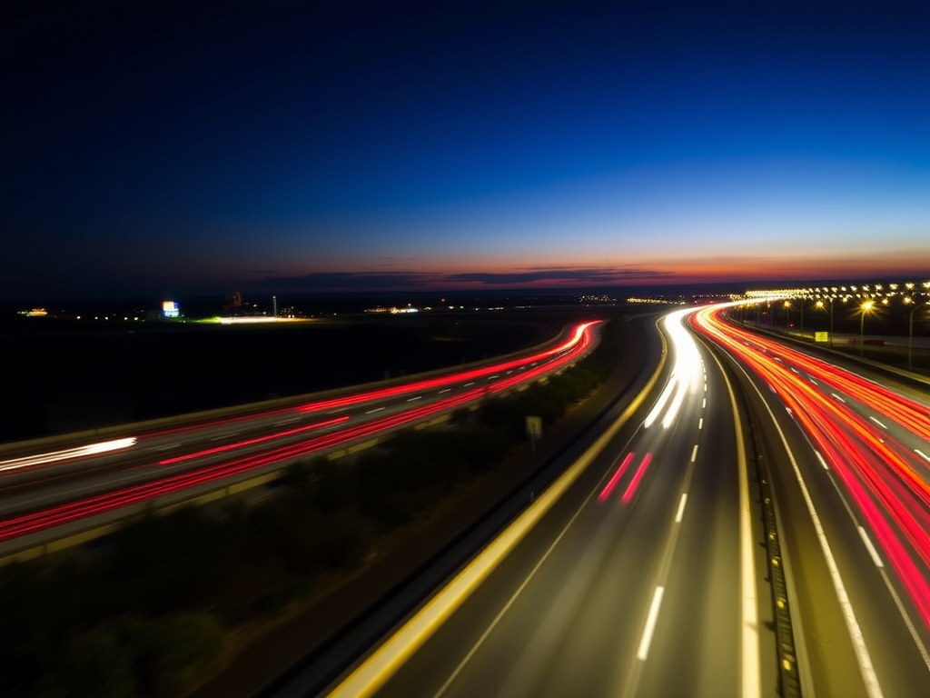 long exposure shot of a highway at dusk capturing light trails from moving vehicles, f/11 aperture, ISO 100, 30 seconds exposure time, shot from a high vantage point with a wide-angle lens on a DSLR camera, vibrant colors with a focus on red and white light trails against a dark background