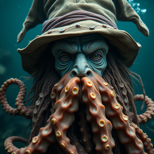 Create a highly detailed portrait of a mystical sea creature resembling an ancient wizard with octopus tentacles for a beard, wearing a tattered hat, in a murky underwater setting, captured with a full-frame DSLR at 50mm f/1.8, ISO 100, 1/200s, with a shallow depth of field to enhance focus on facial features and tentacles, using a macro lens to highlight textures and details.
